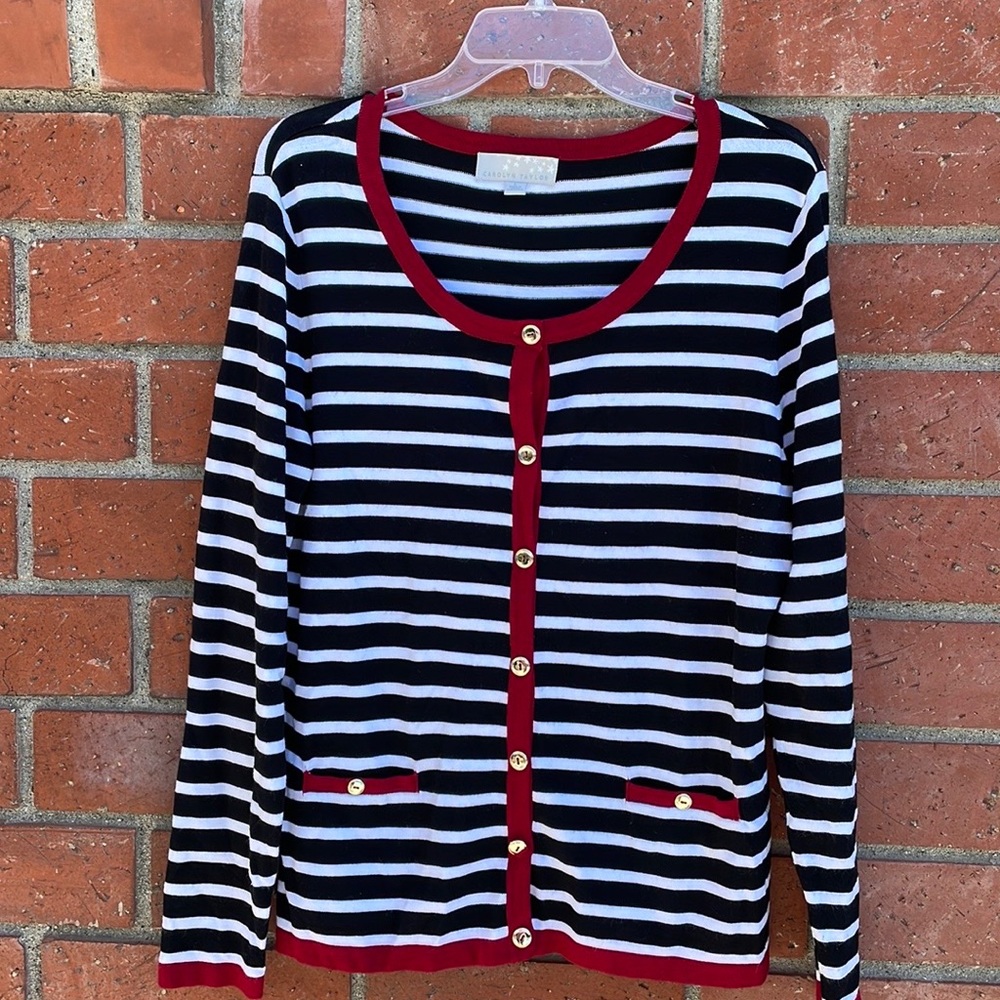 Carolyn Taylor Black and White Striped Cardigan with Red Trim size L